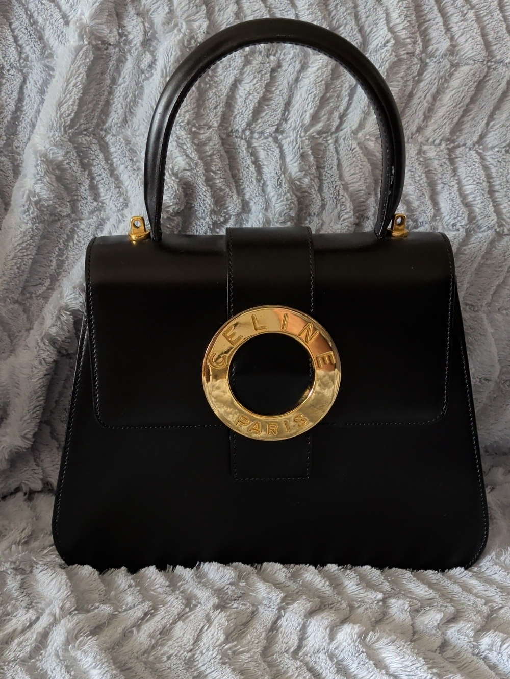 Black Top-Handle Leather Handbag with Gold Hardware